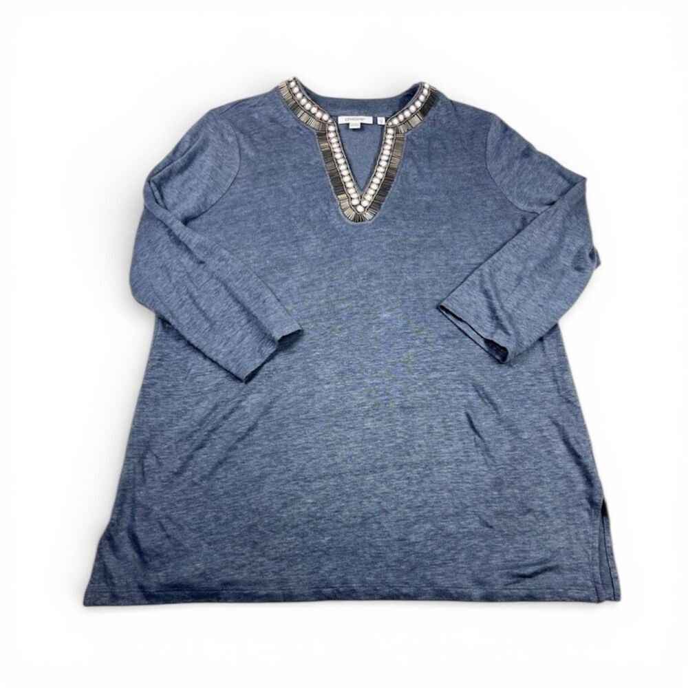Chicos Linen Tunic Shirt Blue Coastal Resort Wear 3/4 Sleeve Embellished Top 1 M